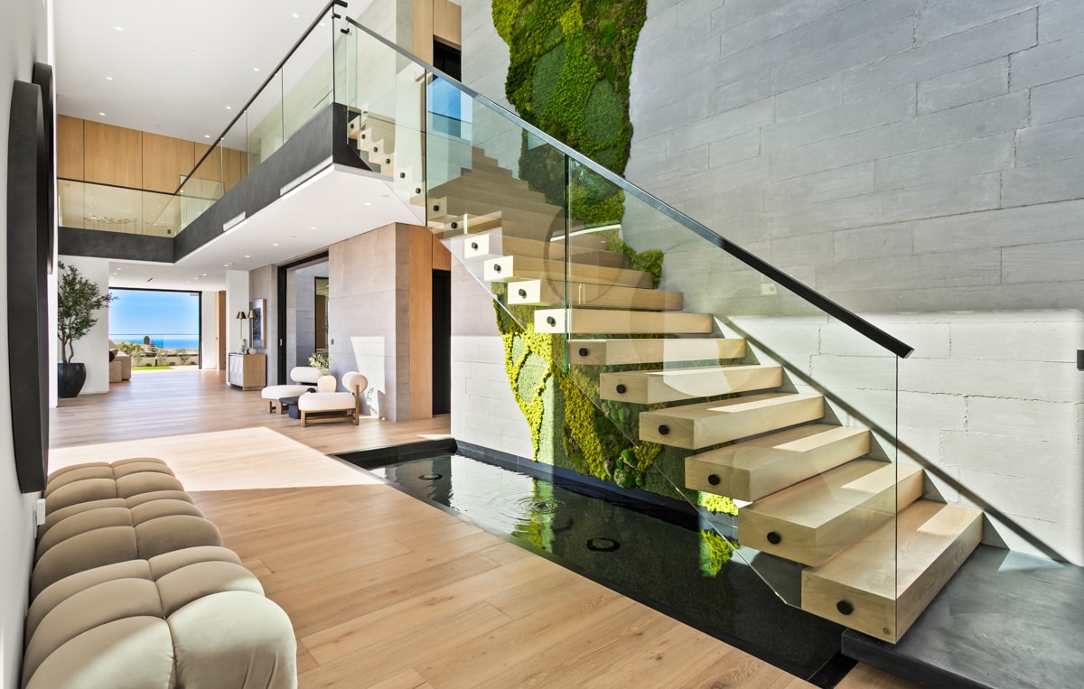 Modern living room with fireplace and wainscoting